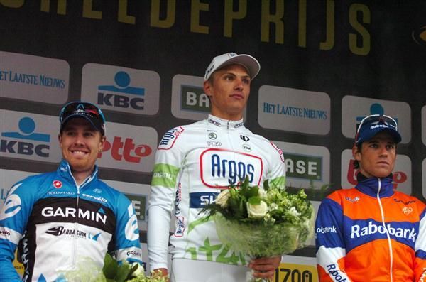 The top three take the plaudits on the podium at Scheldeprijs