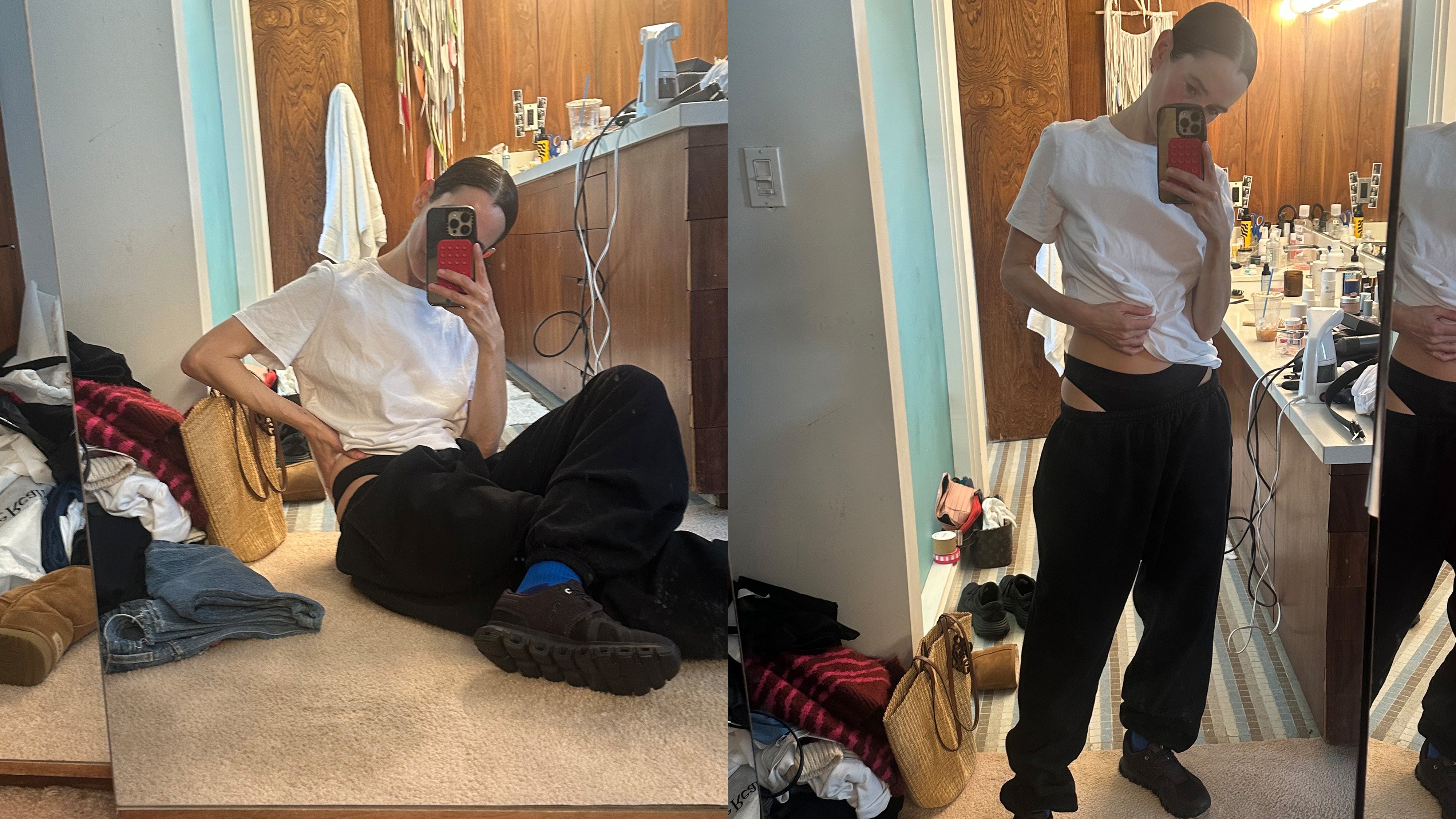 Karla Welch wearing her favorite comfortable outfit post-travels.