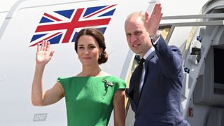 Prince William, Duke of Cambridge and Catherine, Duchess of Cambridge depart from Norman Manley International Airport as part of the Royal tour of the Caribbean on March 24, 2022 in Kingston, Jamaica.