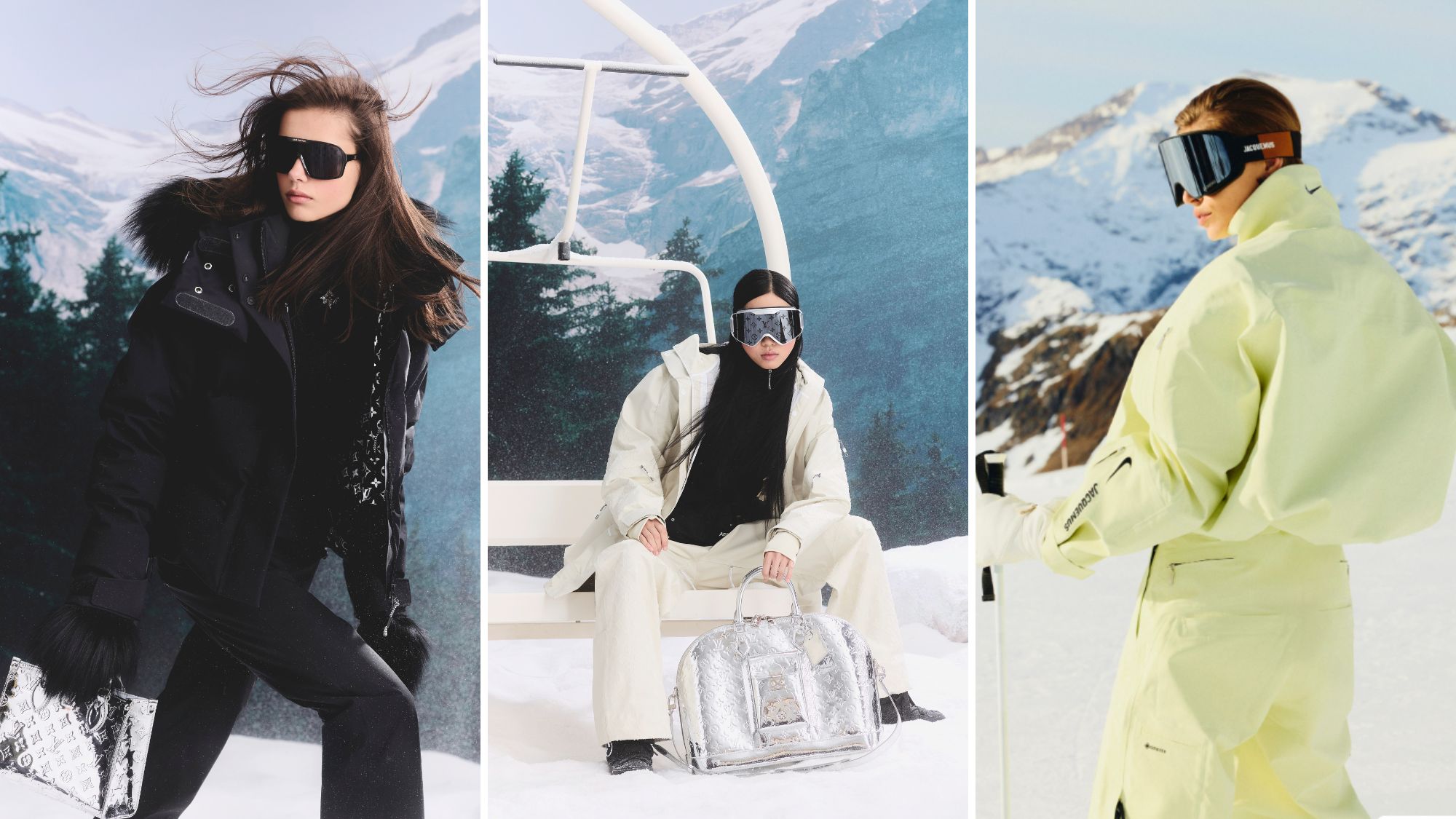 models pose in the mountains wearing ski wear from louis vuitton and jacquemus x nike