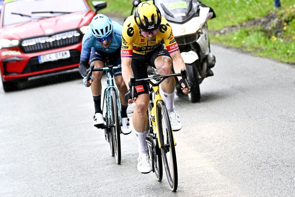 Slovenian Jan Tratnik of JumboVisma and Italian Simone Velasco of Astana Qazaqstan pictured in action during the men elite race of the LiegeBastogneLiege one day cycling event 2585km from Liege over Bastogne to Liege Sunday 23 April 2023 BELGA PHOTO JASPER JACOBS Photo by JASPER JACOBS BELGA MAG Belga via AFP Photo by JASPER JACOBSBELGA MAGAFP via Getty Images
