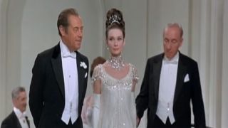 Audrey Hepburn's gorgeous empire waist dress and sparkling necklace in My Fair Lady.