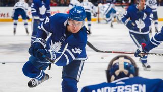 Auston Matthews #34 of the Toronto Maple Leafs shoots on Frederik Andersen #31 during warmup before the Leafs face the Tampa Bay Lightning at the Air Canada Centre on February 12, 2018 in Toronto, Ontario, Canada. (Photo by Mark Blinch/NHLI via Getty Images)