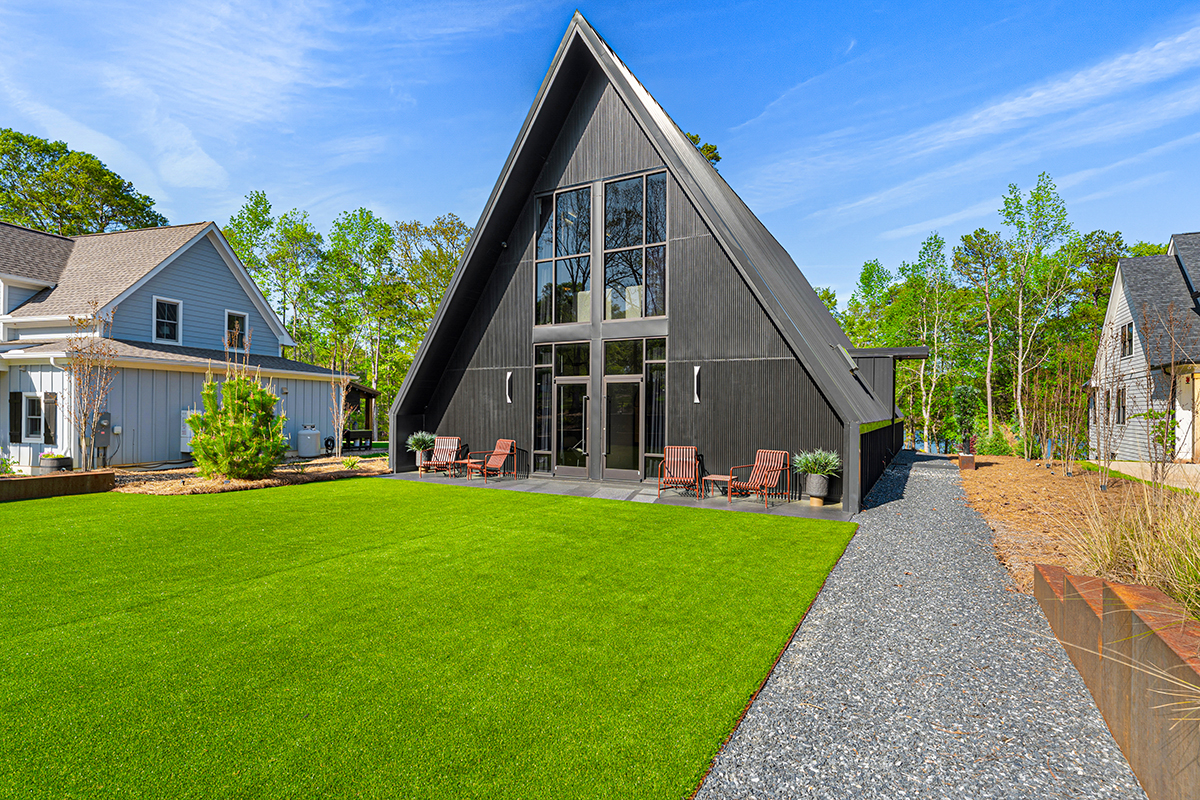 The exterior of an A-frame house in Hartwell, Georgia
