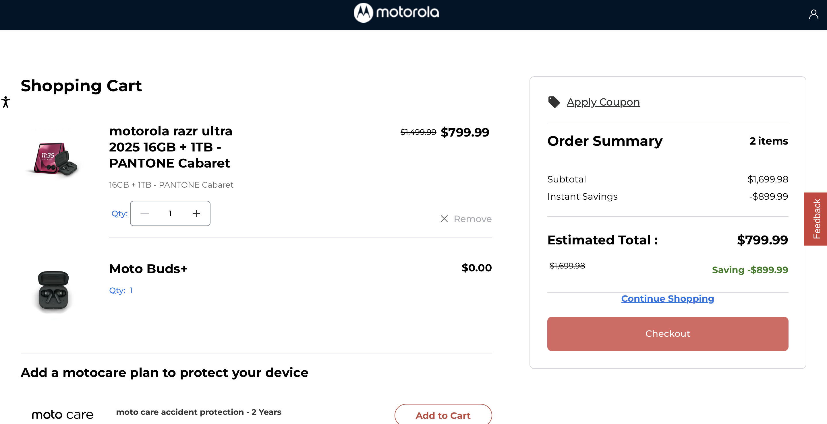 A screenshot of a cart with the Motorola Razr Ultra 2025 in it.