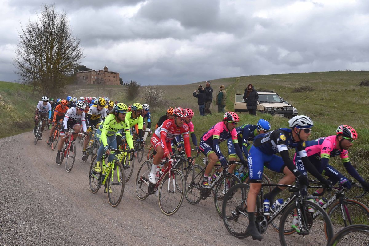 The group rides over one of many gravel roads