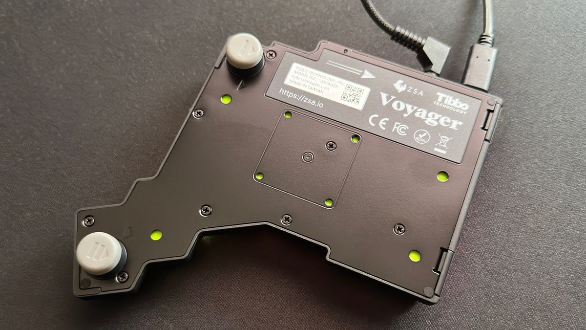 A photo of the rear of the ZSA Voyager ergonomic keyboard