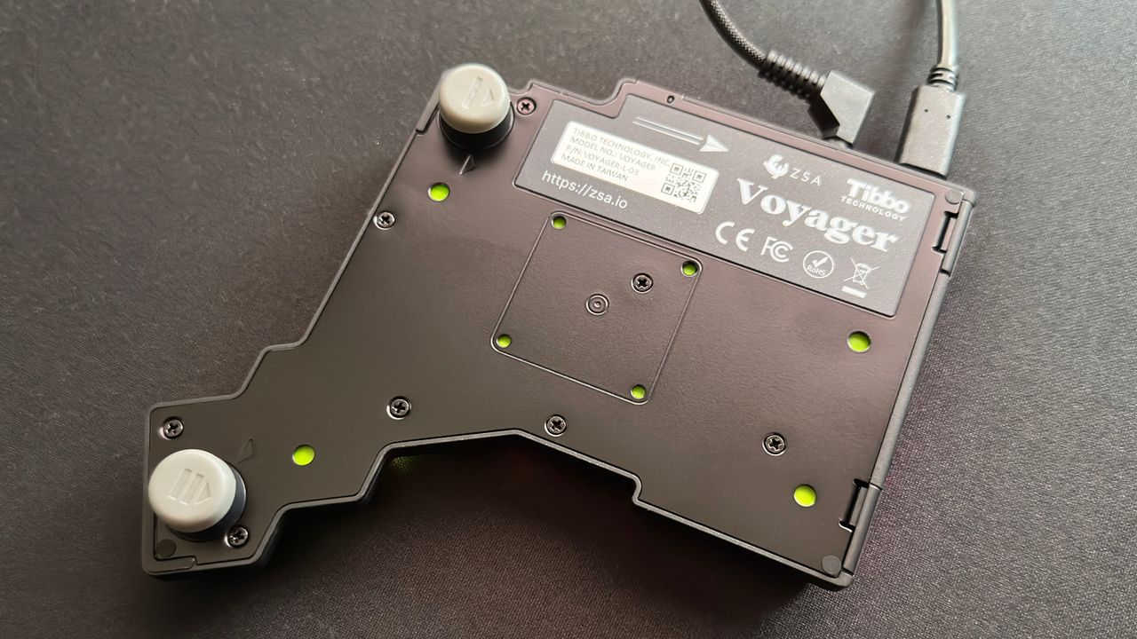 A photo of the rear of the ZSA Voyager ergonomic keyboard