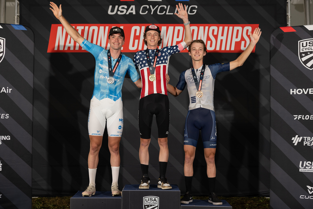 US Gravel Nationals 2025 elite men&#039;s podium (L to R): Michael Garrison second, winner Bradyn Lange and Cole Davis third