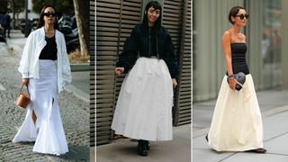 women at fashion week wearing a white skirt and black shirt