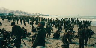 Soldiers lined up on the beach in Dunkirk