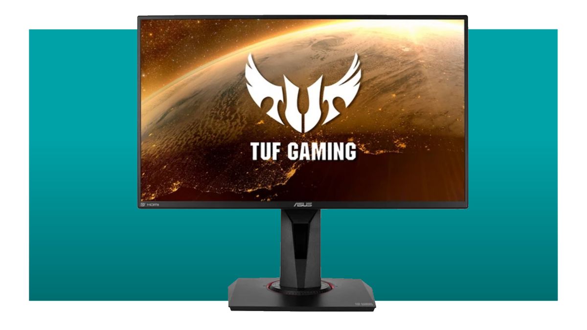 The Asus Tuf VG32VQ gaming monitor three quarter view on blue