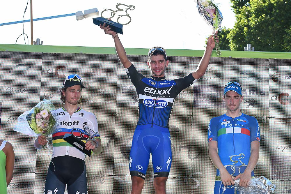 Peter Sagan, Fernando Gaviria and Elia Viviani on the stage 2 podium.