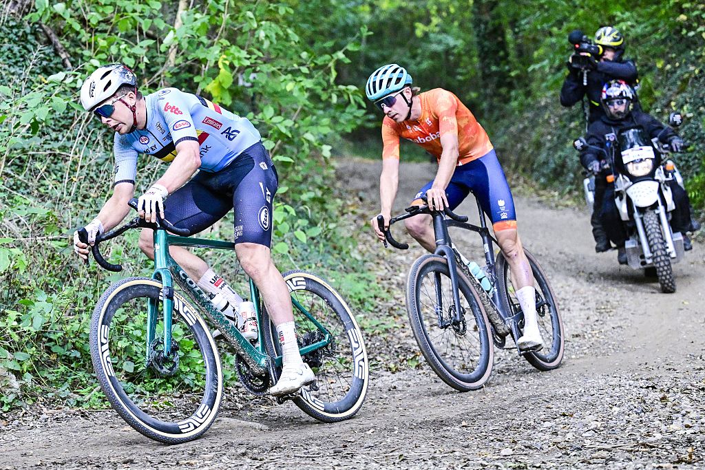 Belgian Florian Vermeersch and Dutch Frits Biesterbos pictured in action during the men elite race at the UCI World Gravel Championships, Sunday 12 October 2025, in Maastricht, The Netherlands. BELGA PHOTO DIRK WAEM (Photo by DIRK WAEM / BELGA MAG / Belga via AFP)