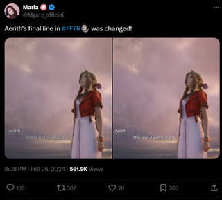 A post that reads: "Aerith's final line in #FF7R was changed!" With an image comparison between the two.