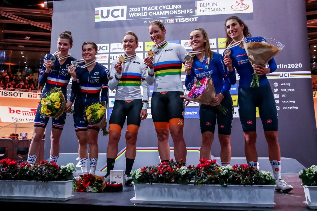 BERLIN GERMANY FEBRUARY 29 Silver medalist Clara Copponi and Marie Le Ne of France Kirsten Wild and Amy Pieters of The Netherlands and Bronze medalists Letizia Paternoster and Elisa Balsamo of Italy pose on the podium after the womens 30km Madison final during day 4 of the UCI Track Cycling World Championships Berlin at Velodrom on February 29 2020 in Berlin Germany Photo by Maja HitijGetty Images