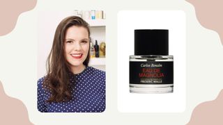 Collage of Margaret and her wedding perfume Frederic Malle Eau de Magnolia