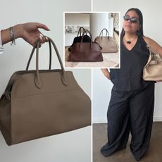Editor Ana Escalante trying on and styling The Row Margaux 15 back in Taupe.