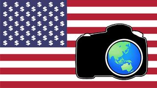 USA flag, with dollar signs replacing stars, with a camera silhouetted on top