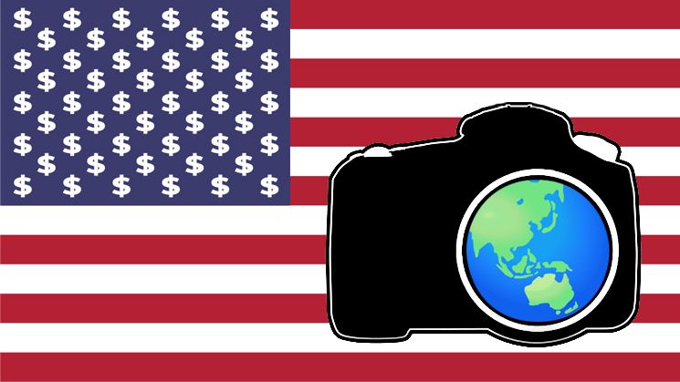 USA flag, with dollar signs replacing stars, with a camera silhouetted on top