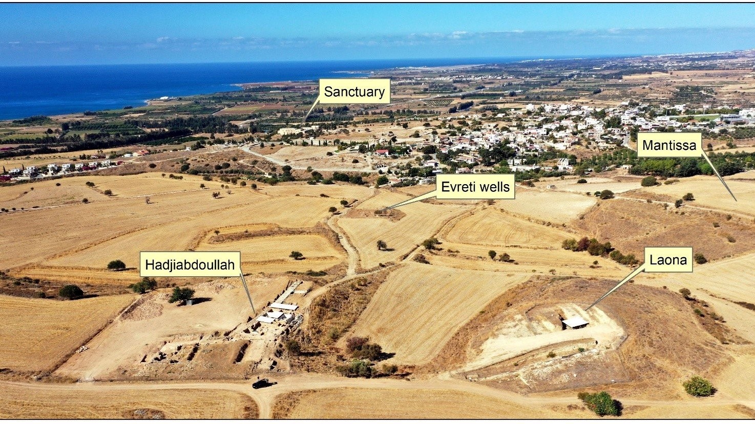 An aerial view of the Laona burial mound and surrounding sites on Cyprus.