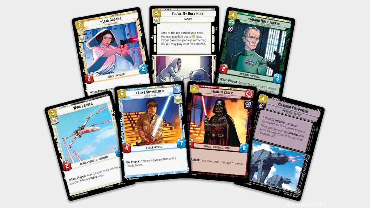 Star Wars Unlimited cards arrayed together on a plain background