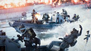 Battlefield 6 RedSec battle royale: Two groups of soldiers fighting on the back of RHIB boats as they race down a river, with a burning ship in the background.