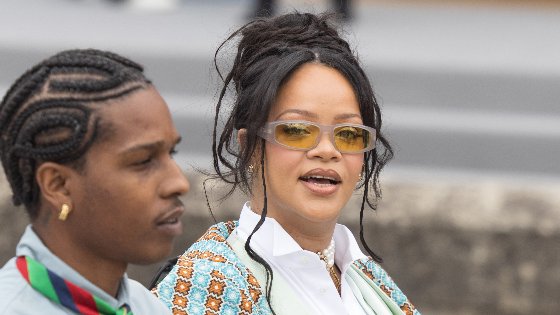 Rihanna wearing a white shirt in Paris
