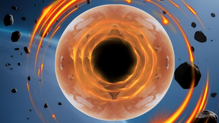 An illustration shows a black hole growing within a planet and devouring it