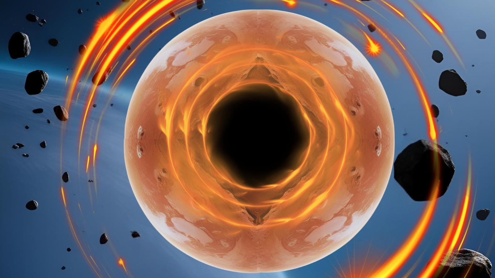 An illustration shows a black hole growing within a planet and devouring it