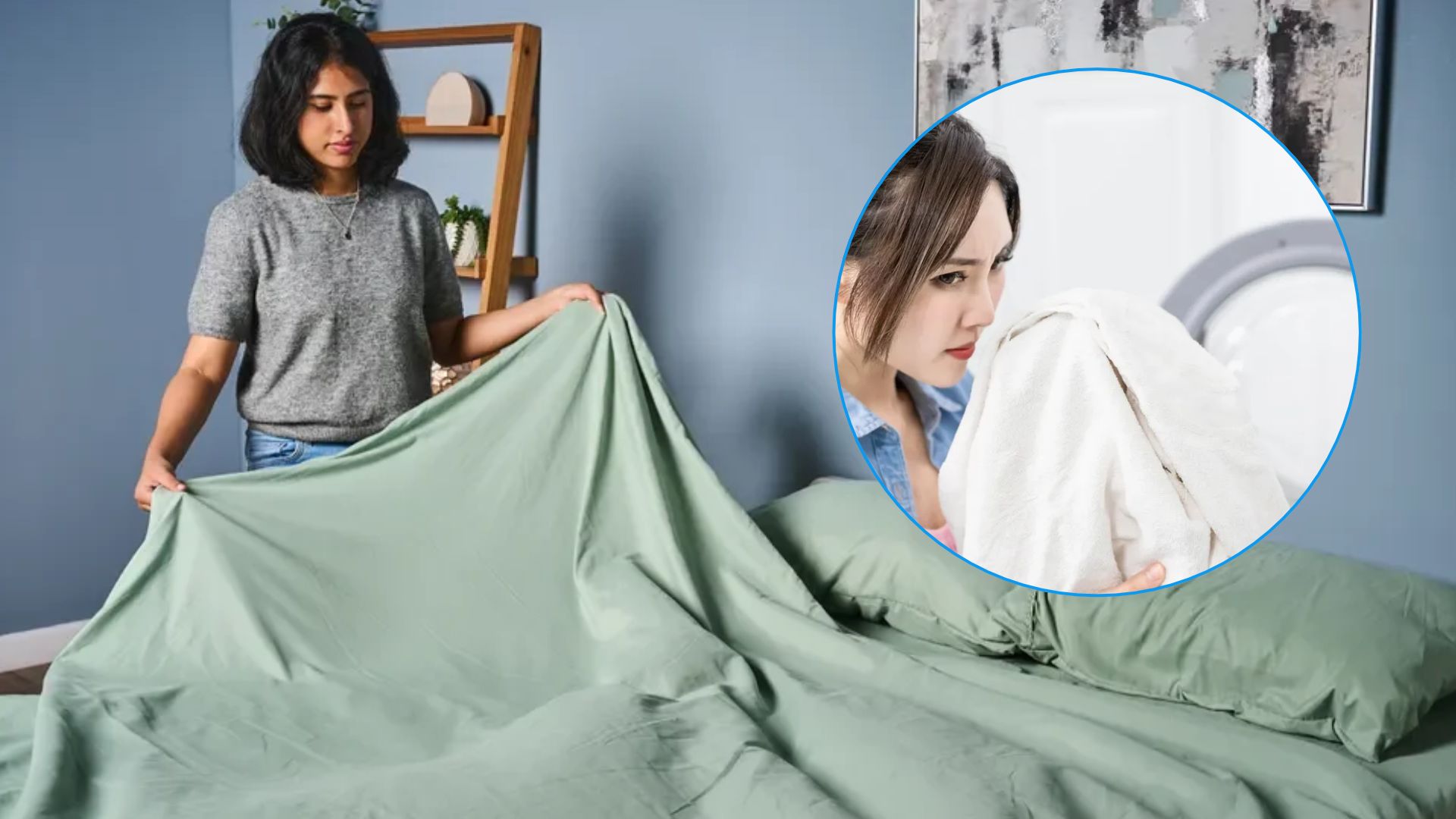 The image shows a dark haired woman making her bed with light green sheets. Inset to the right, a dark haired woman wrinkles her noses while she smells her freshly washed sheets.