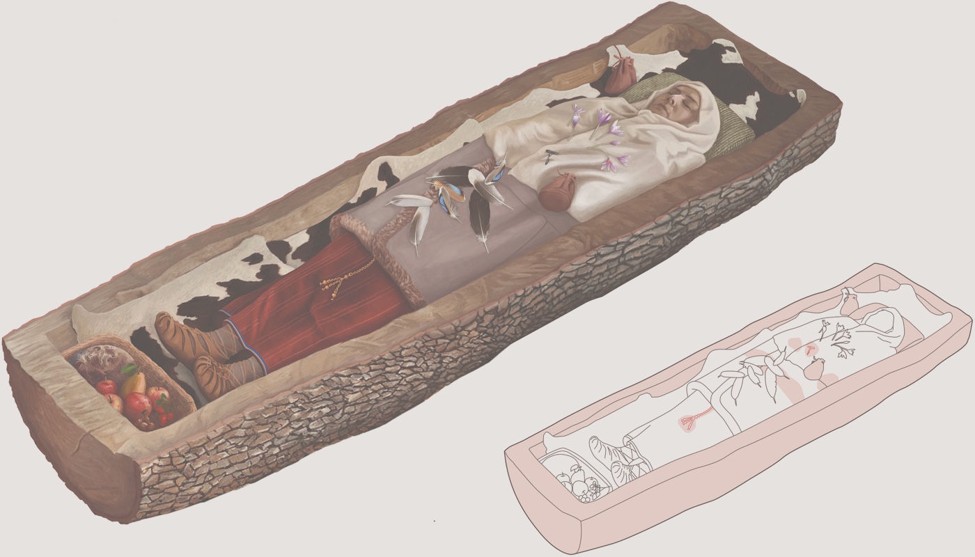 An illustration of a woman buried in a tree coffin. She is wearing red and white clothes and there is a basket of food at her feet.