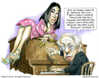 Political Cartoon U.S. Bernie Sanders Cardi B Meeting Socialist Rapping Nail Salon