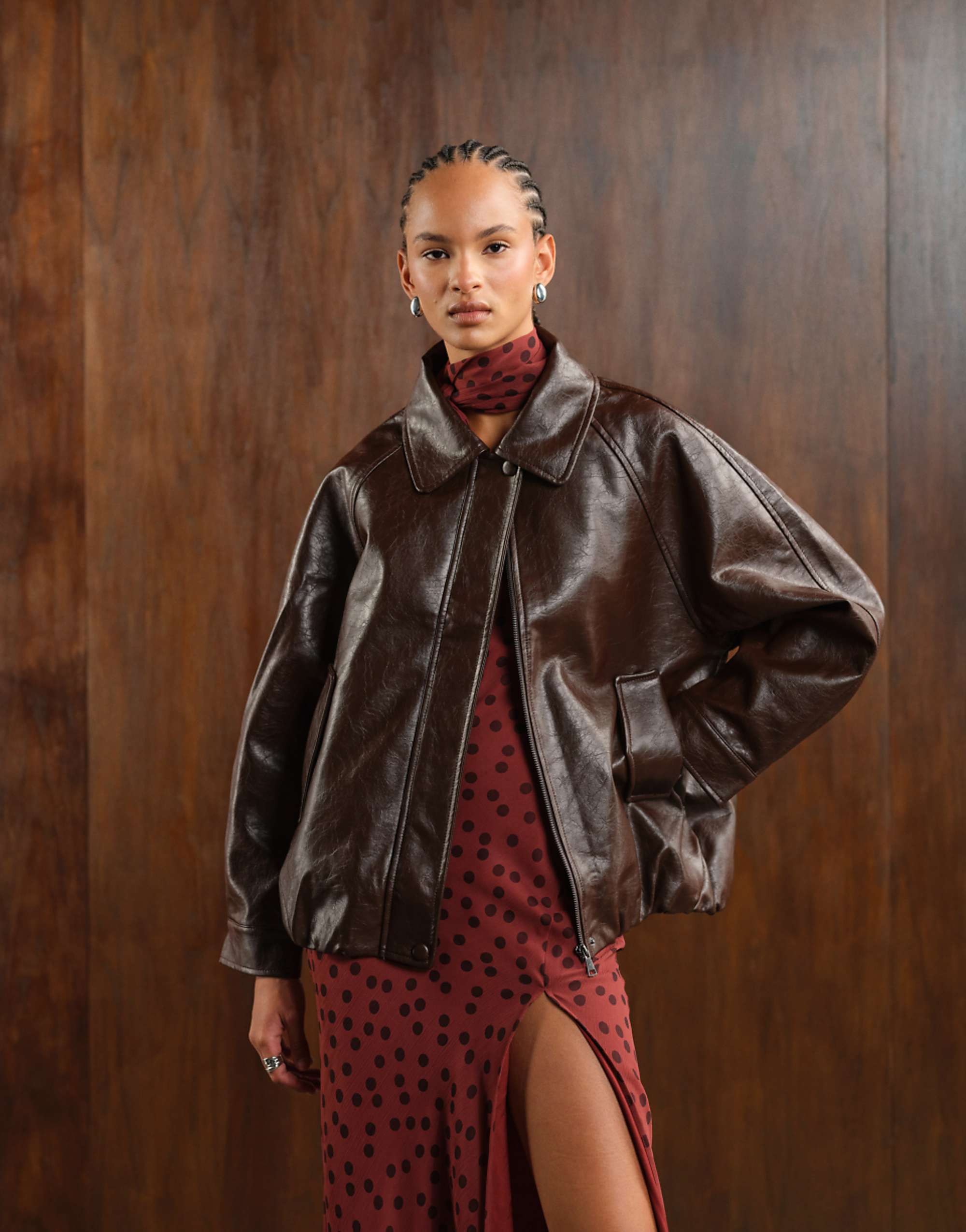Asos Design Leather Look Oversized Bomber Jacket in Chocolate