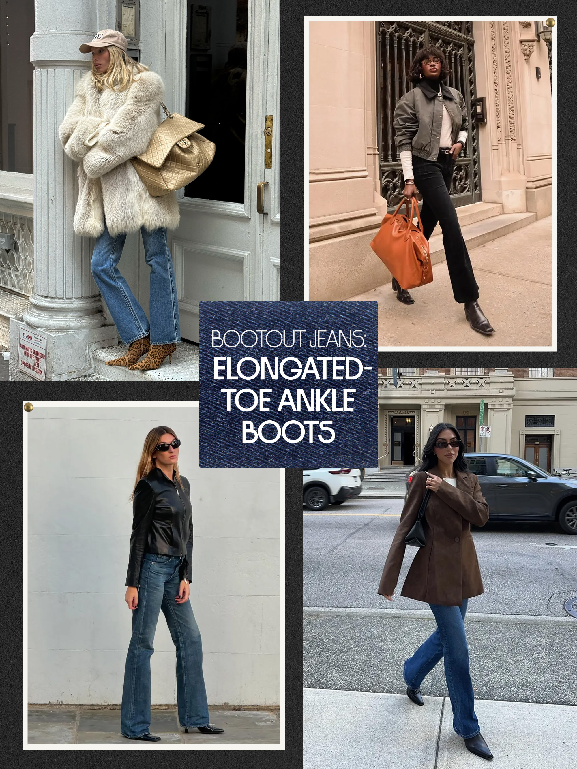 A collage of women wearing bootcut jeans with elongated-toe ankle boots.