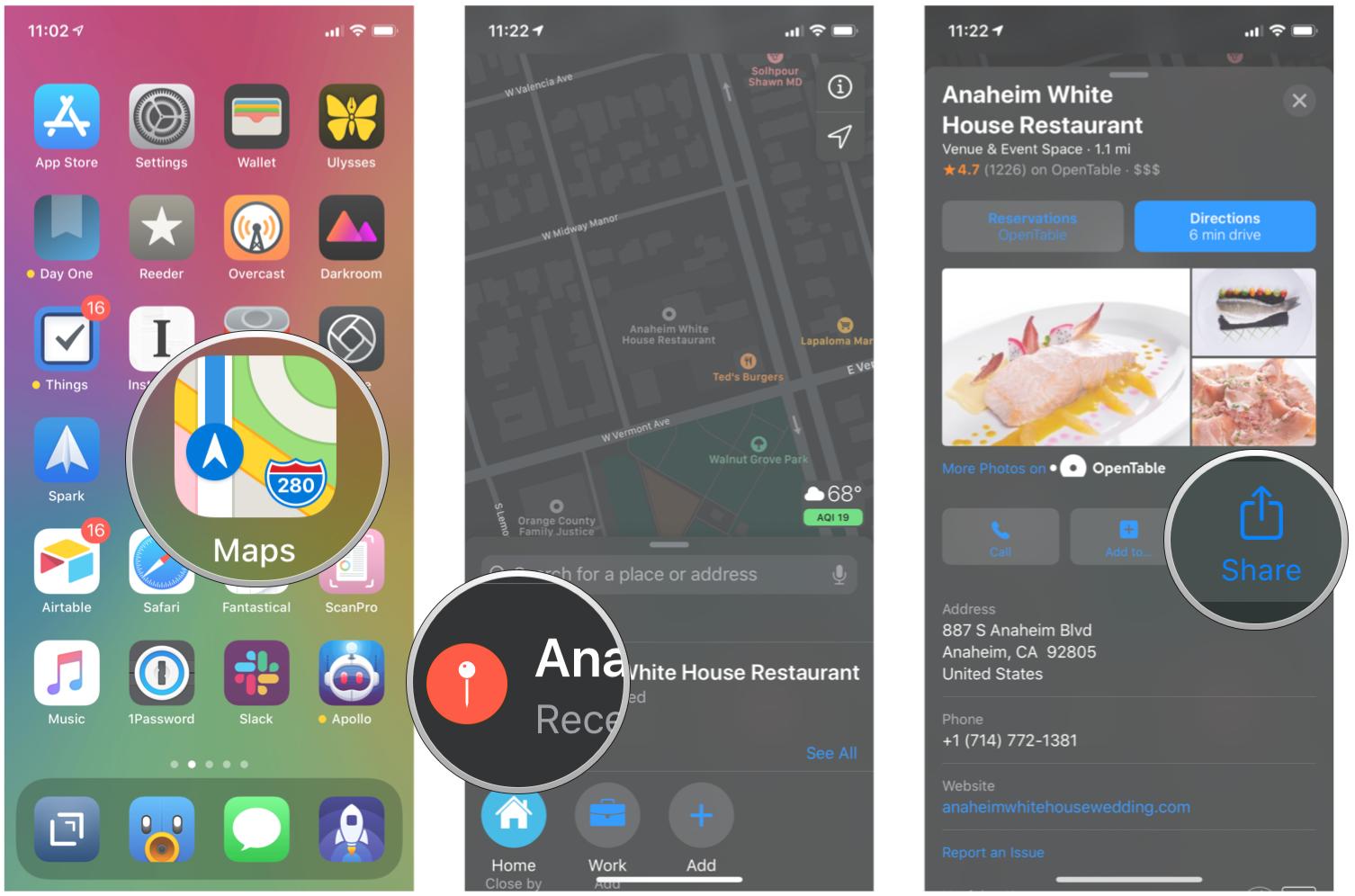 Send a location from Maps to Notes by showing steps: Launch Maps, search for business, tap Share when viewing location details