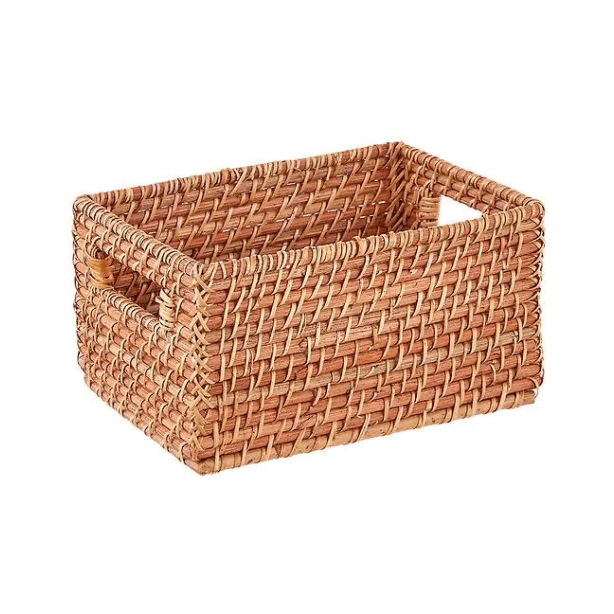 a rattan basket with handles woven in