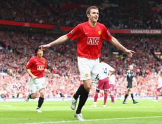 Michael Carrick celebrates after scoring for Manchester United against West Ham in May 2008.