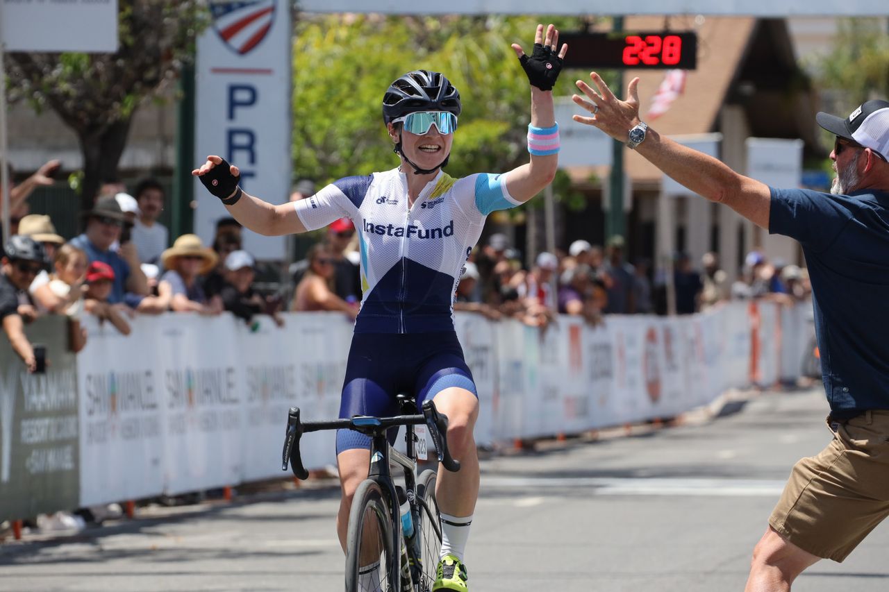 Heidi Franz (Instafund) celebrates winning the overall at the Redlands Classic