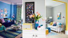 a compilation of three living rooms showing bright paint colours and accessories to suggest style swaps to transform a living room after Christmas