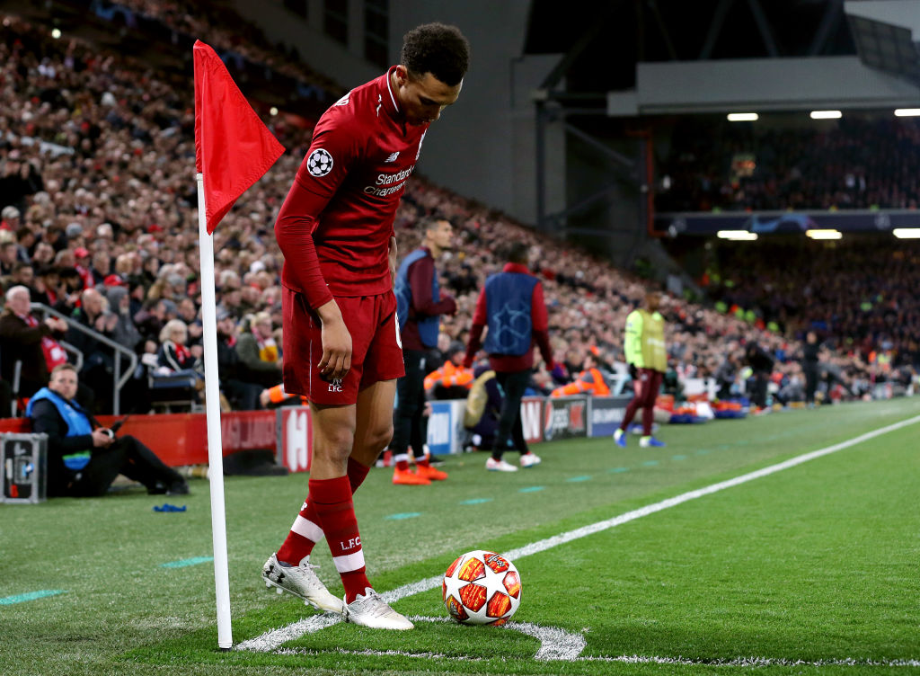 Liverpool&#039;s Trent Alexander-Arnold sets up the corner kick from which Divock Origi scored the winning goal against Barcelona in 2019