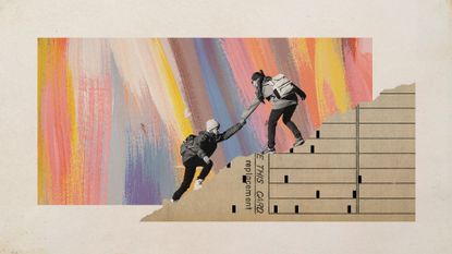 Photo collage of friends climbing a scrap of paperwork like a mountain