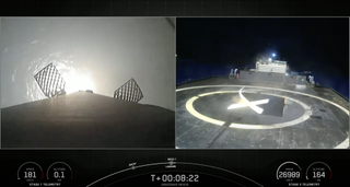 The first stage of a SpaceX Falcon 9 rocket heads for a landing on the SpaceX droneship Just Read the Instructions not long after launching the Amazonas Nexus satellite for Spanish company Hispasat on Feb. 6, 2023.