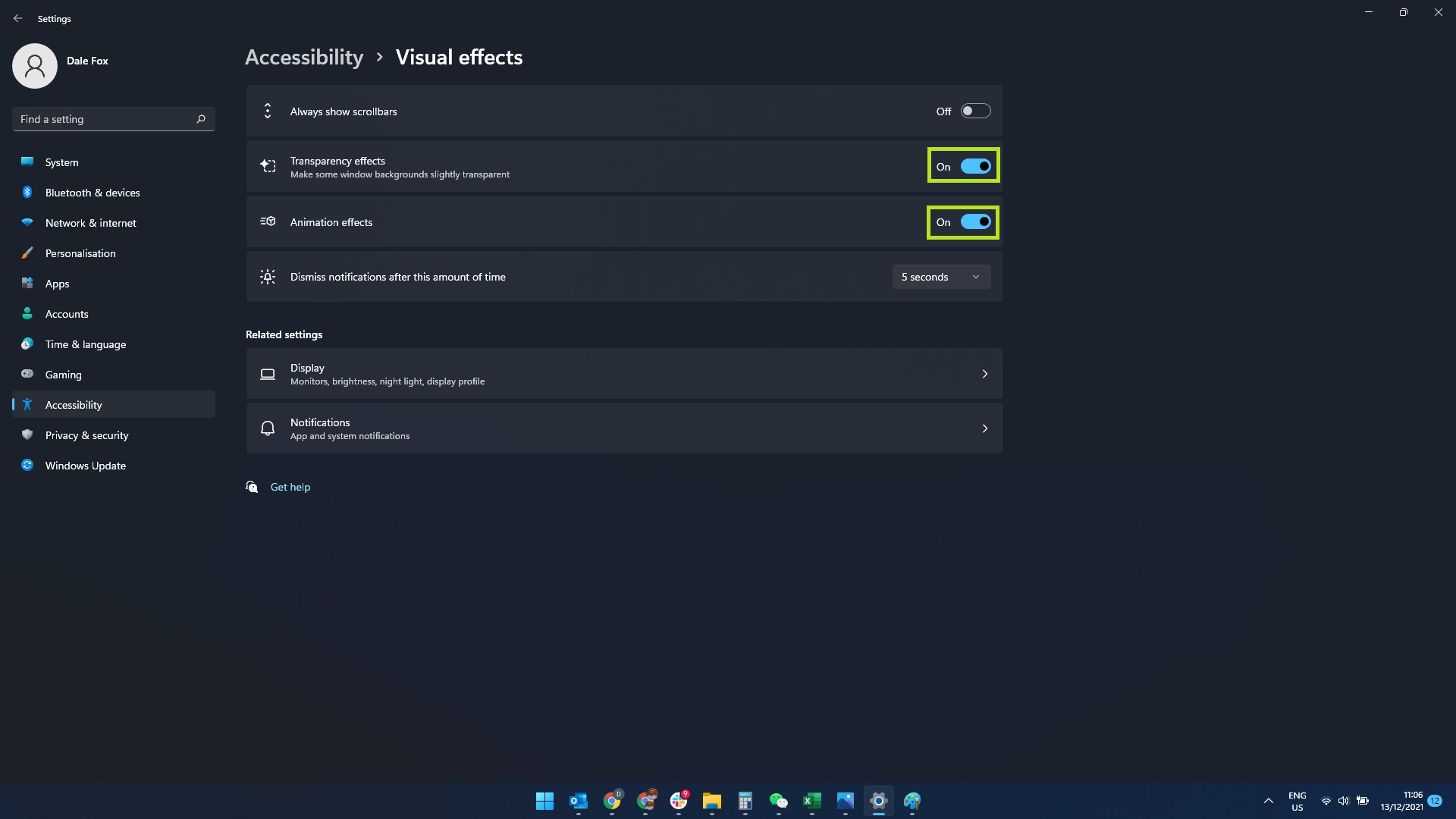 Screenshot of Windows 11 Visual effects menu with 