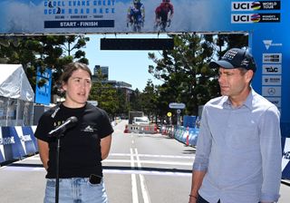 Chloe Hosking of Australia and Australian National Team and Cadel Evans of Australia Ex- Pro-cyclist attend to the media press during the 7th Cadel Evans Great Ocean Road Race 2023 - Previews / #CadelRoadRace / on January 27, 2023 in Geelong, Australia. (Photo by Tim de Waele/Getty Images)