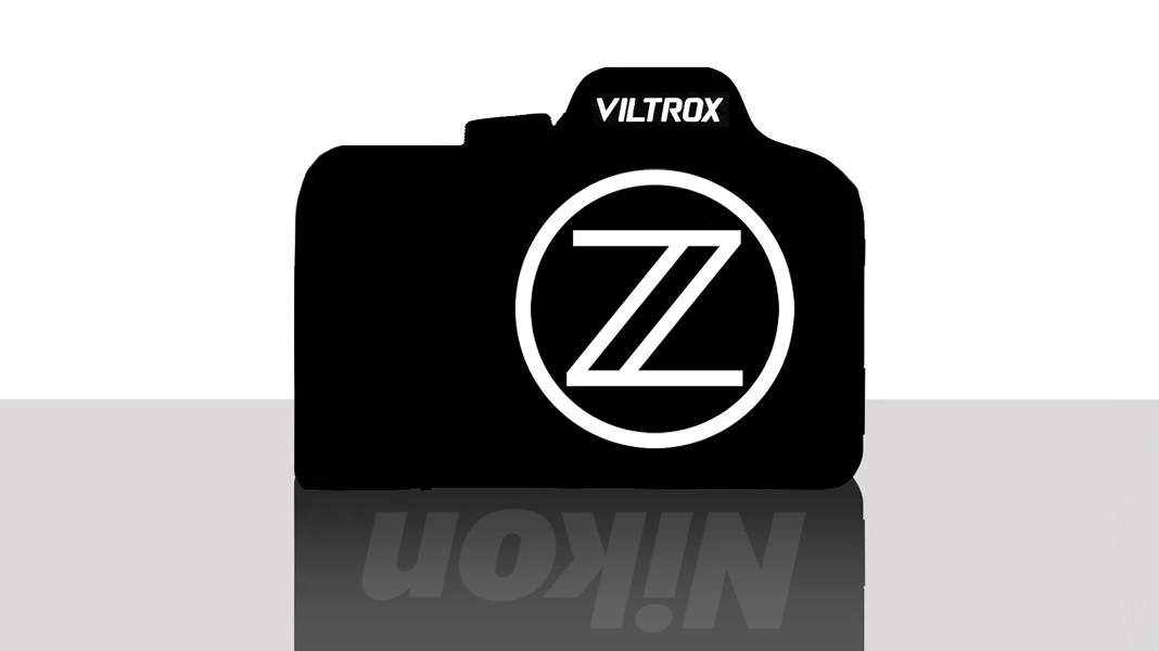 A camera in silhouette, with a Viltrox logo and a Nikon "Z" logo, with a Nikon logo felected in the shadow