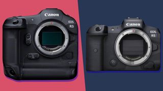 The Canon EOS R3 mirrorless camera next to the Canon EOS R5