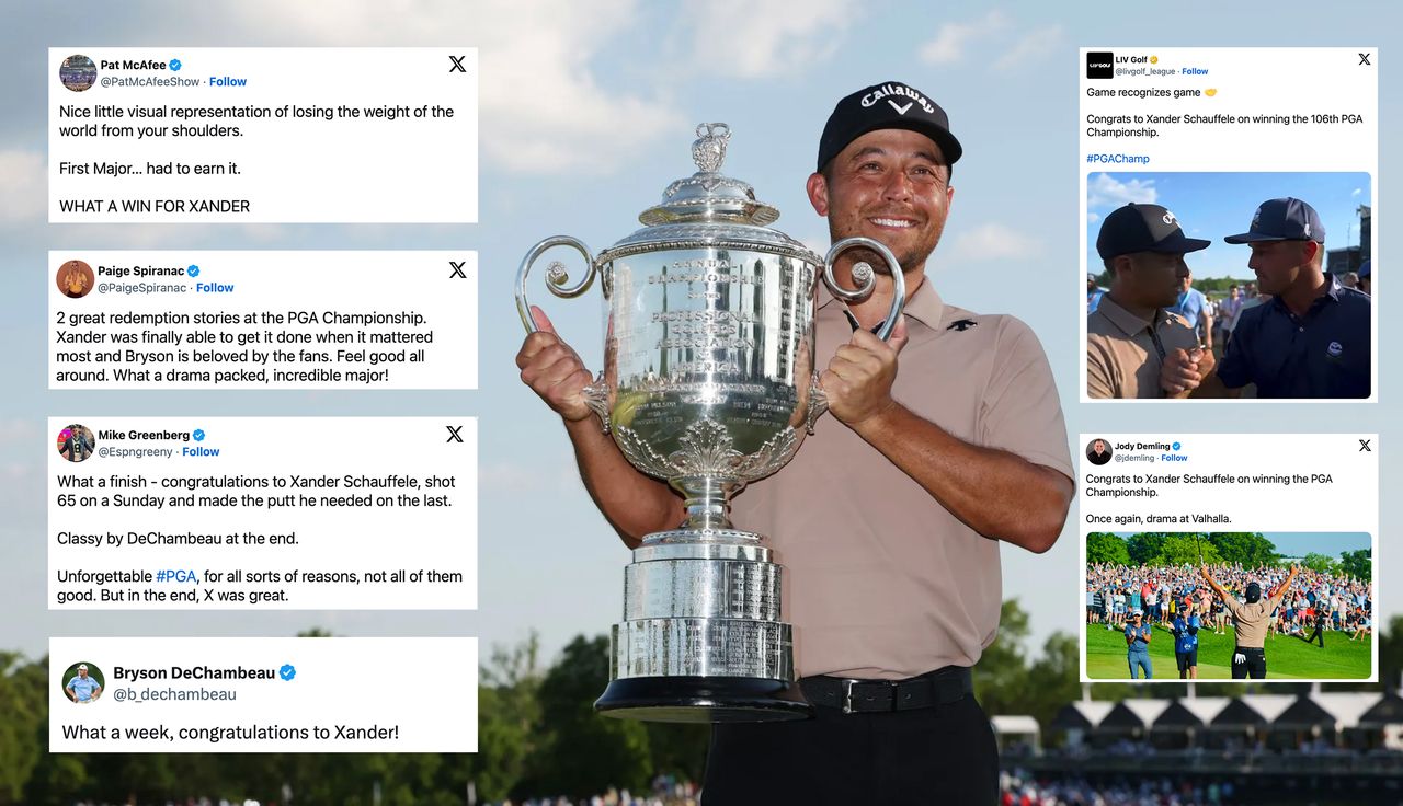 Xander Schauffele holds the Wanamaker Trophy with tweets inserted on the image