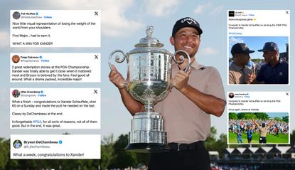 Xander Schauffele holds the Wanamaker Trophy with tweets inserted on the image