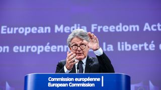 EU commissioner for internal market Thierry Breton speaks during a press conference with European Commission vice-president in charge for Values and Transparency Vera Jourova, on the Media Freedom Act at the EU headquarters in Brussel, on September 15, 2022. 